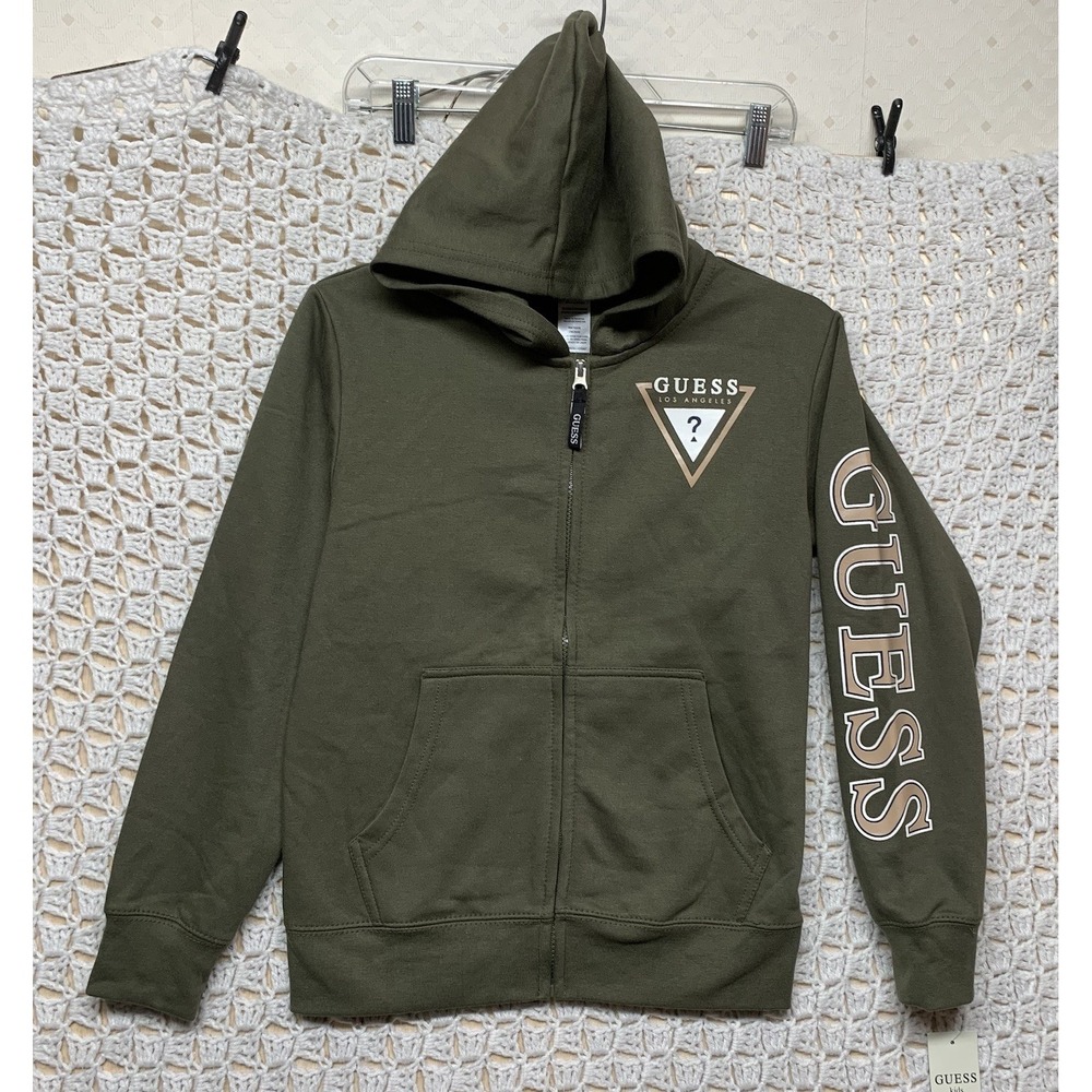 Guess Hoodie Jacket‎ Boys M (12-14) Olive Green  Pockets Hooded Sweatshirt NWT